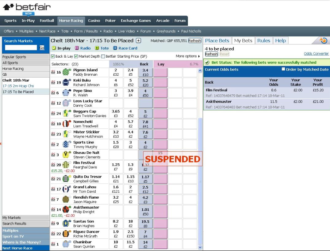 Winning Place Bet Betting Exchange Screen